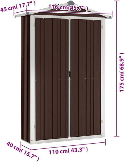  Abri De Jardin Marron 116x45x175 Cm En Acier Galvanisé Pour Rangement Extérieur D'outils Et Mobilier De Jardin, Avec étagères Et Aérations