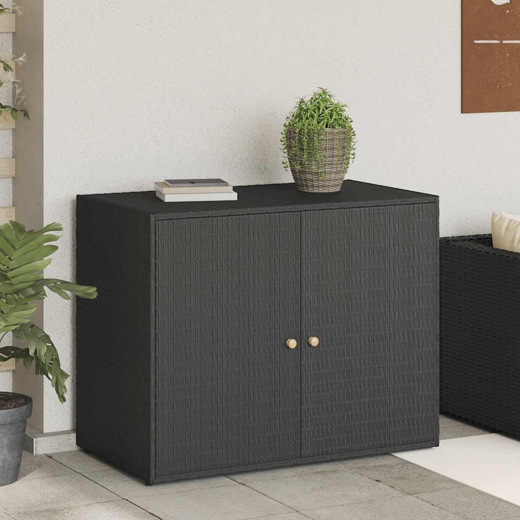  Armoire De Jardin En Rotin Synthétique Noir - 100 X 55,5 X 80 Cm - Cadre En Acier Revêtu Par Pulvérisation - Bois D'acacia Massif - Verrouillable - Rangement Pour Jardin, Terrasse