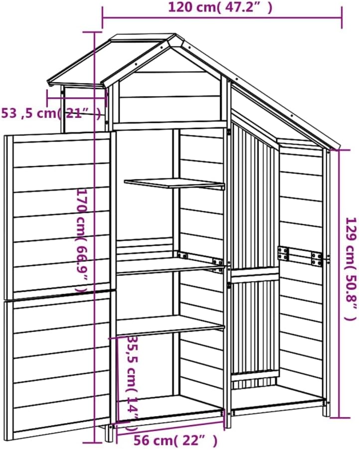  Abri à Outils Marron En Pin Massif 120 X 53,5 X 170 Cm Avec Toit Imperméable Et Espace De Rangement Pour Outils De Jardin, Tondeuses à Gazon, Outils, Vélo Et Poubelle En Extérieur