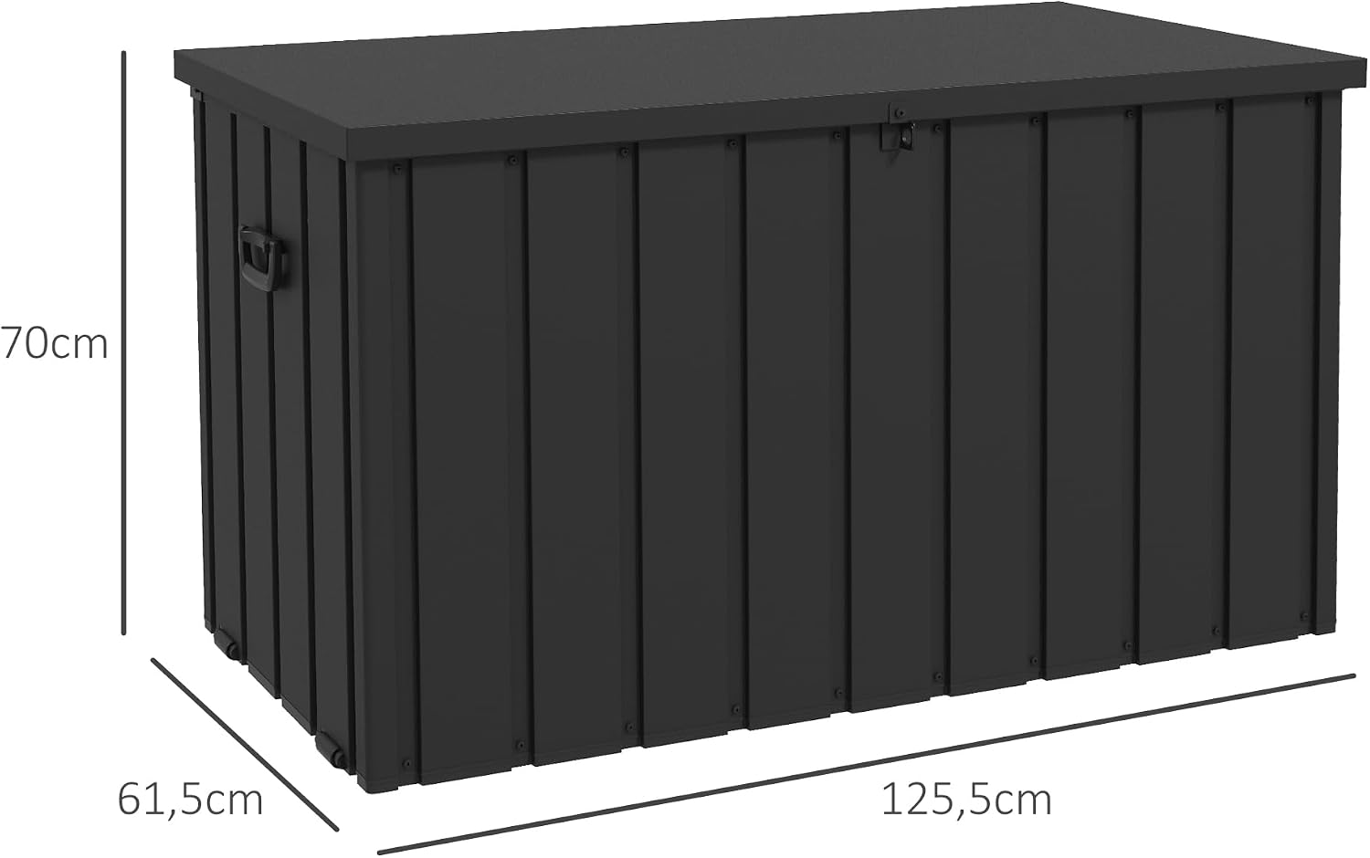  Outsunny Coffre De Rangement, Malle De Jardin, Capacité 450 L, Avec Poignée, Roulettes Et Vérin à Gaz, En Métal, 125,5 X 61,5 X 70 Cm, Gris Foncé