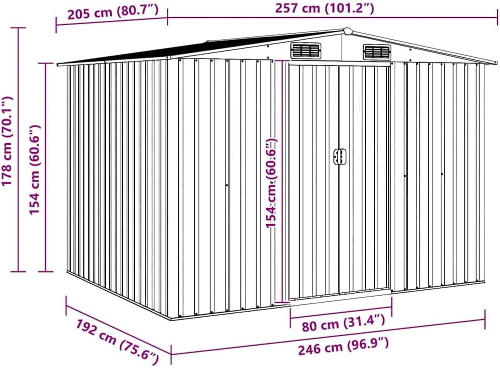  Abri De Stockage Jardin En Métal Vert 257 X 205 X 178 Cm Avec Double Porte Coulissante, Ventilation Optimale, Cadre Acier Galvanisé, Espace Rangement Outils Et Matériel Extérieur