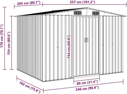  Abri De Stockage Jardin En Métal Vert 257 X 205 X 178 Cm Avec Double Porte Coulissante, Ventilation Optimale, Cadre Acier Galvanisé, Espace Rangement Outils Et Matériel Extérieur