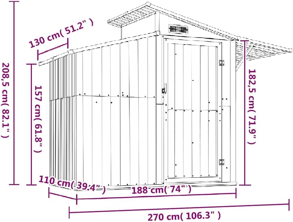  Abri à Outils Anthracite En Acier Galvanisé - 270 X 130 X 208,5 Cm - Verrouillable - Avec Ventilation Et Toit Transparent - Pour Abri De Jardin, Garage à Vélo, Rangement D'outils