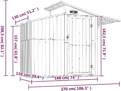  Abri à Outils Anthracite En Acier Galvanisé - 270 X 130 X 208,5 Cm - Verrouillable - Avec Ventilation Et Toit Transparent - Pour Abri De Jardin, Garage à Vélo, Rangement D'outils