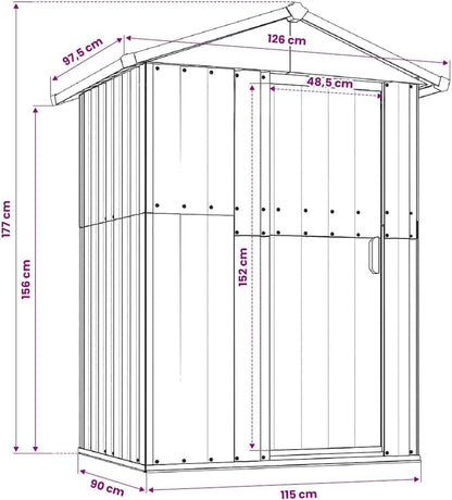  Abri à Outils Vert En Acier Galvanisé - 126 X 97,5 X 177 Cm - Verrouillable - Avec Espace De Rangement Pour Outils De Jardin, Vélo, Poubelle, Terrasse, Extérieur