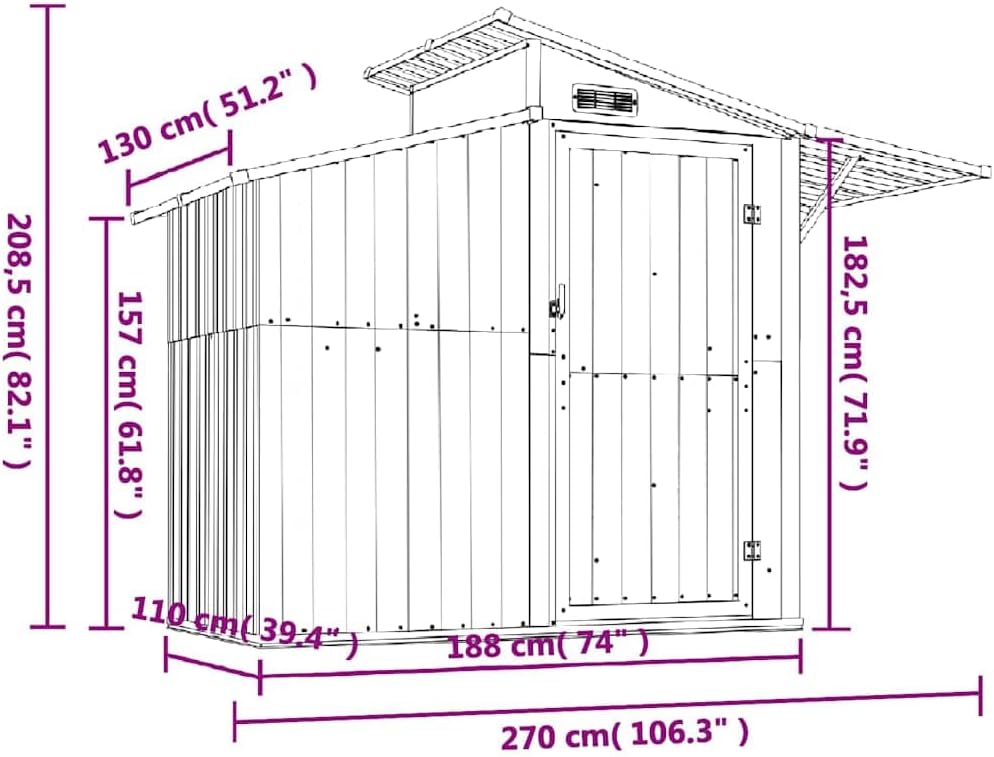  Abri De Jardin Vert 270x130x208,5 Cm En Acier Galvanisé, Rangement Extérieur Pour Outils, Équipements De Jardin Et Accessoires De Piscine