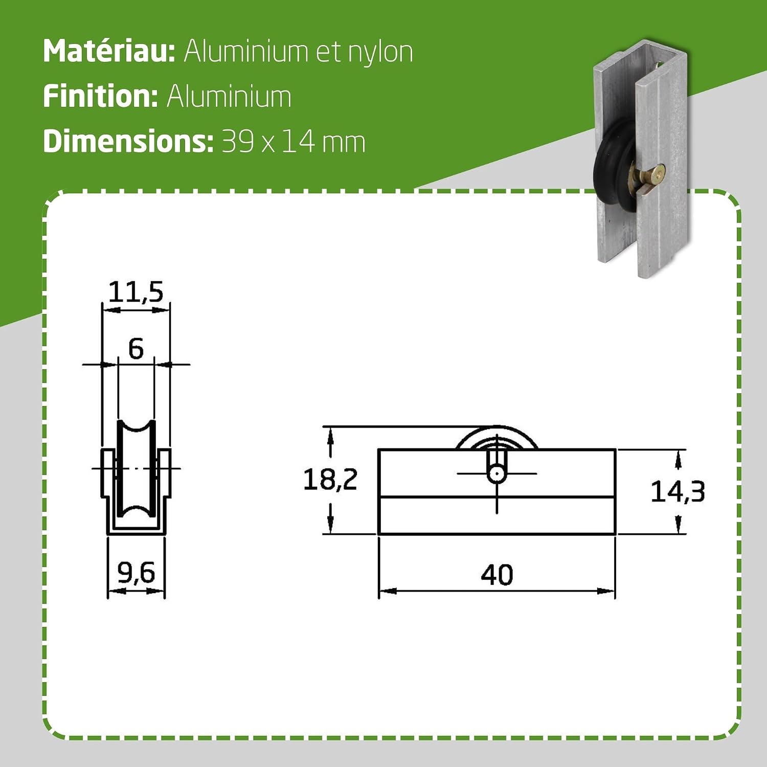  Amig - Roulement Fenêtre Coulissante | Lot De 2 Unités | Taille 39 X 14 Mm | Boîtier Métallique Et Roulement à Billes | Conçu Pour Les Fenêtres Coulissantes | Aluminium
