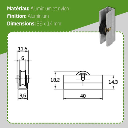  Amig - Roulement Fenêtre Coulissante | Lot De 2 Unités | Taille 39 X 14 Mm | Boîtier Métallique Et Roulement à Billes | Conçu Pour Les Fenêtres Coulissantes | Aluminium