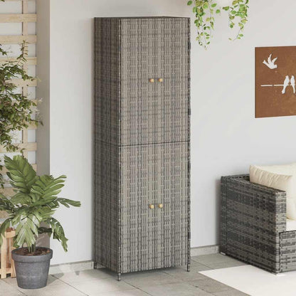  Armoire De Jardin En Polyrotin Noir 59 X 40 X 180 Cm Avec Espace De Rangement Et Casier, Résistante Aux Intempéries, Avec Poignées En Bois D'acacia Massif Et Cadre En Acier Revêtu Par