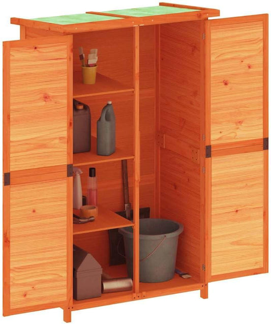  Abri à Outils Marron En Pin Massif 83 X 57 X 140 Cm Avec Toit Imperméable, Espace De Rangement Pratique Pour Outils De Jardin, Tondeuses à Gazon, Vélo Et Outils En Extérieur