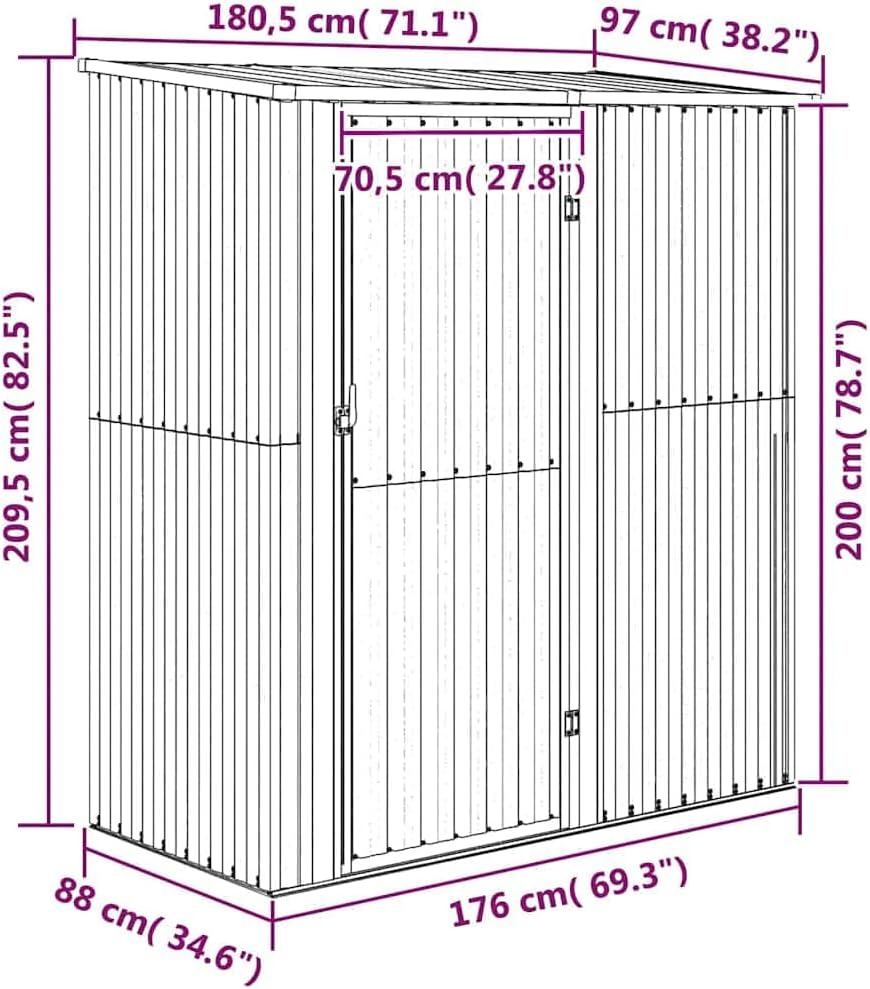  Abri De Jardin Gris En Acier Galvanisé 180,5x97x209,5 Cm, Abri De Rangement Extérieur Avec Toit En Pente Et Porte Verrouillable Pour Outils