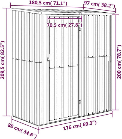  Abri De Jardin Gris En Acier Galvanisé 180,5x97x209,5 Cm, Abri De Rangement Extérieur Avec Toit En Pente Et Porte Verrouillable Pour Outils