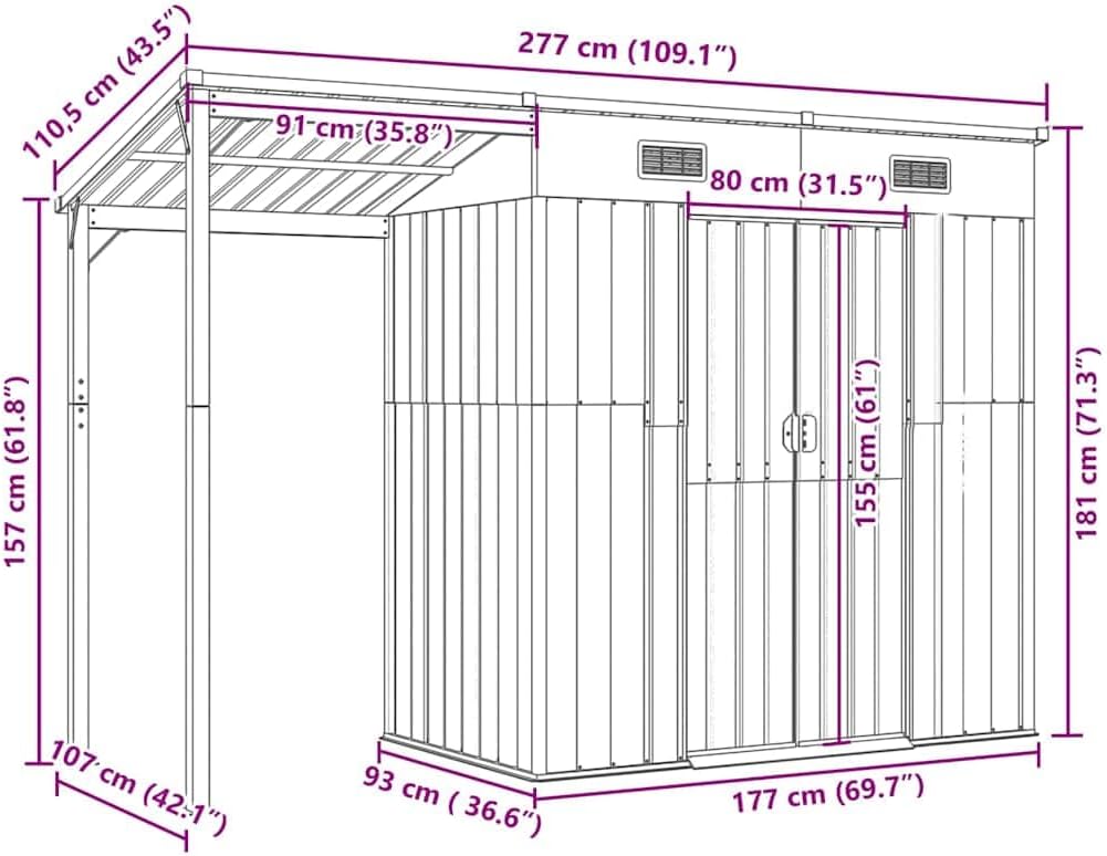  Abri De Jardin Acier Galvanisé Avec Toit Prolongé Marron Clair 277x107x181 Cm, Rangement Extérieur Pour Outils Et Mobilier, Porte Avec Poignées Et 2 Bouches D'aération