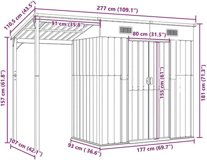  Abri De Jardin Acier Galvanisé Avec Toit Prolongé Marron Clair 277x107x181 Cm, Rangement Extérieur Pour Outils Et Mobilier, Porte Avec Poignées Et 2 Bouches D'aération