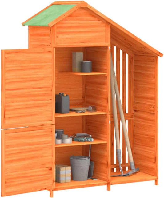  Abri à Outils Marron En Pin Massif 120 X 53,5 X 170 Cm Avec Toit Imperméable Et Espace De Rangement Pour Outils De Jardin, Tondeuses à Gazon, Outils, Vélo Et Poubelle En Extérieur