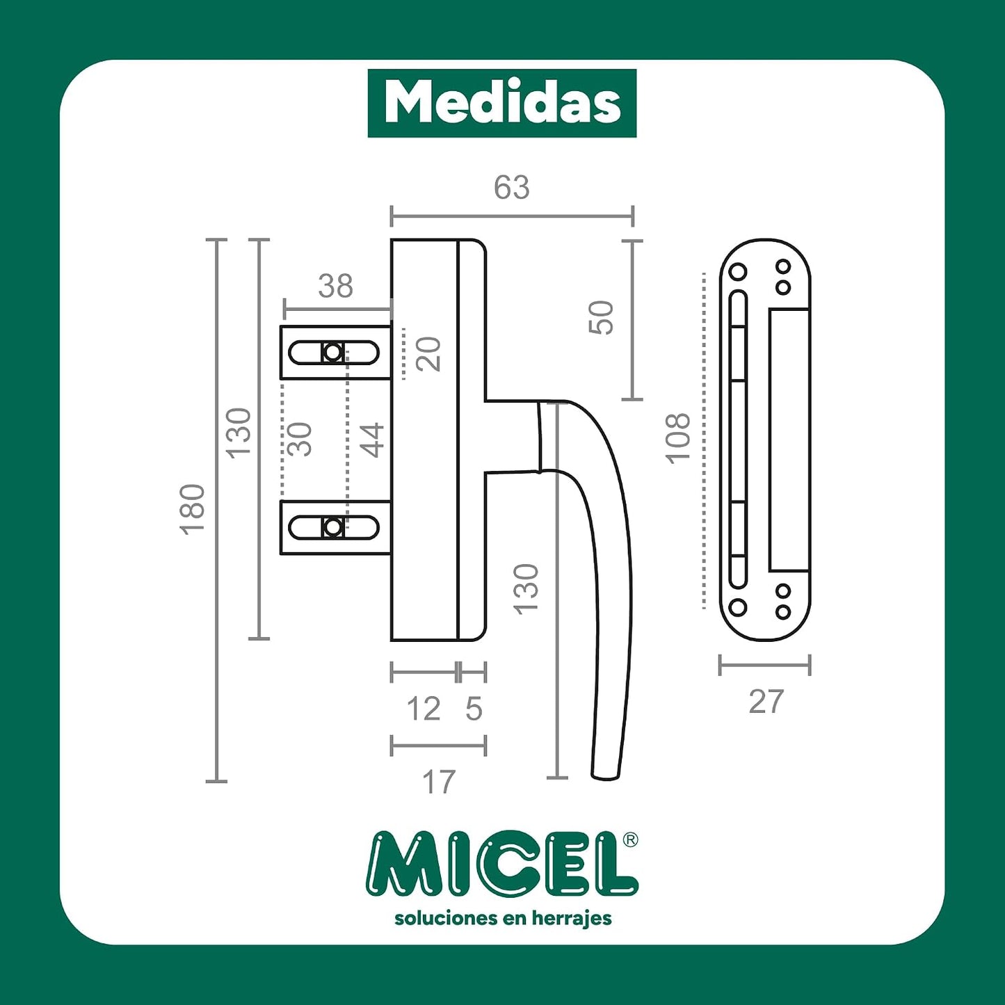  MICEL - 92700 - Cremona For Mallorcan Windows With External Opening, Reversible, Aluminium, Black Finish, 2 Shovels, 63 X 180 X 27 Mm