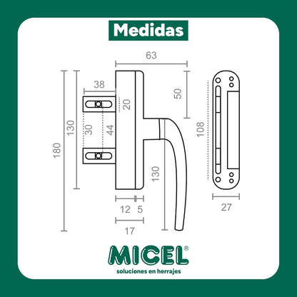  MICEL - 92700 - Cremona For Mallorcan Windows With External Opening, Reversible, Aluminium, Black Finish, 2 Shovels, 63 X 180 X 27 Mm
