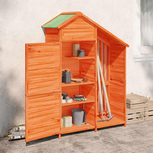  Abri à Outils Marron En Pin Massif 120 X 53,5 X 170 Cm Avec Toit Imperméable Et Espace De Rangement Pour Outils De Jardin, Tondeuses à Gazon, Outils, Vélo Et Poubelle En Extérieur