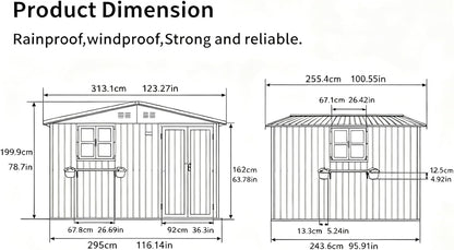  Abri De Jardin En Métal, 313,1 X 255,4 X 199,9 Cm, Abri à Outils En Métal Avec 2 Fenêtres Ouvrantes, Portes Verrouillables, étagère à Fleurs, Abri De Rangement Extérieur Pour Jardin, Terrasse