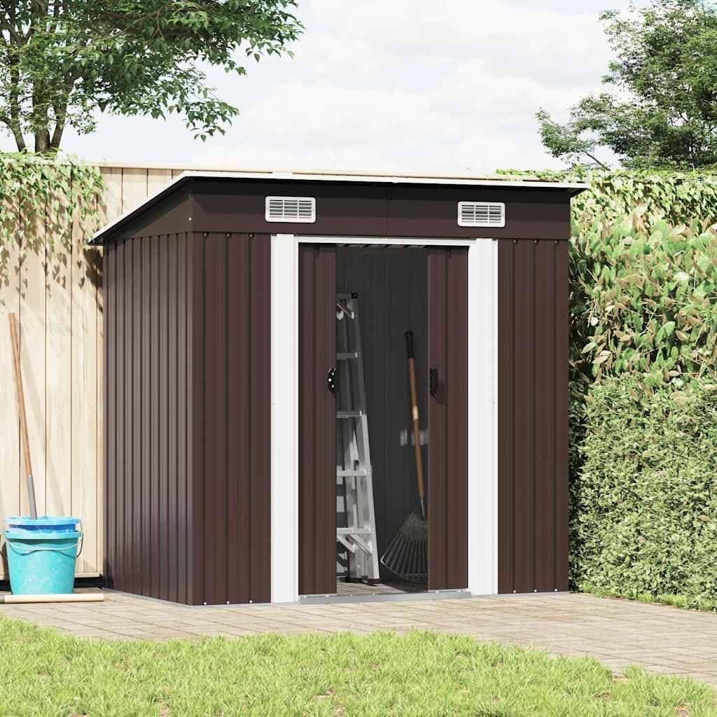  Abri De Jardin En Acier Galvanisé Anthracite Avec Ventilation, Doubles Portes Coulissantes Et Pièces Prédécoupées Pour Rangement Outils Et Matériel Extérieur