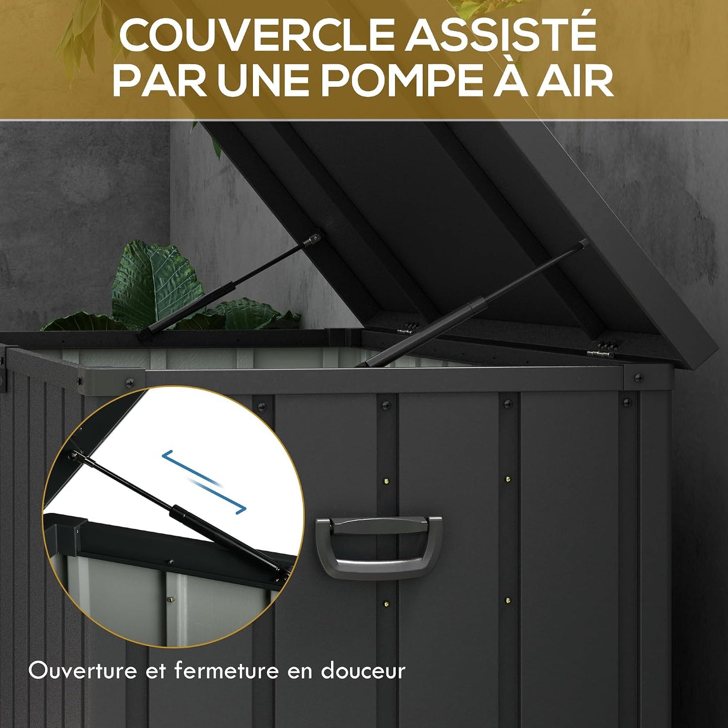  Outsunny Coffre De Rangement, Malle De Jardin, Capacité 450 L, Avec Poignée, Roulettes Et Vérin à Gaz, En Métal, 125,5 X 61,5 X 70 Cm, Gris Foncé