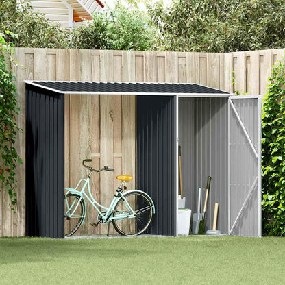  Abri De Jardin Acier Galvanisé 245x98x159 Cm Anthracite, Râtelier à Bûches 2 En 1 Pour Rangement Extérieur D'outils Et Bois De Chauffage, Toit En Pente Pour écoulement D'eau
