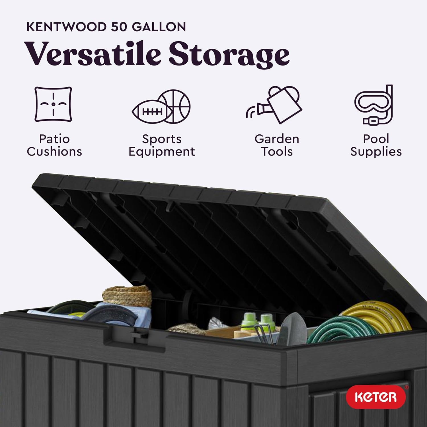  Keter Kentwood Boîte De Terrasse En Résine De 157 Litres - Organisation Et Rangement Pour Coussins De Terrasse, Coussins Décoratifs Et Outils De Jardin, Gris Foncé