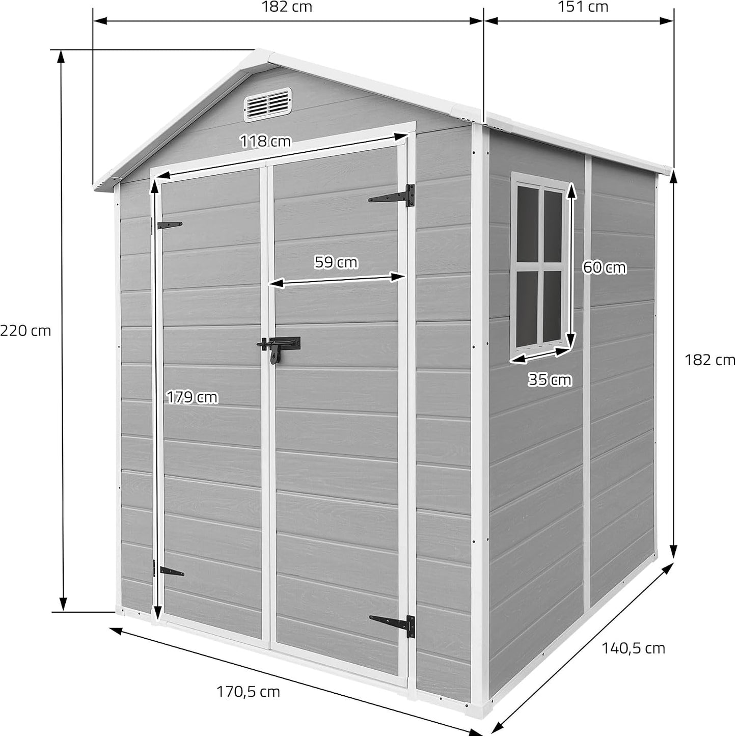  ECD Germany Abri De Jardin Avec Plancher En Résine PP 5m³ Gris Clair, Toit Double Pente, Fenêtre, Porte Double, Ventilation, Cabane De Rangement Extérieur 151x182x220 Cm, Résistant Aux Intempéries