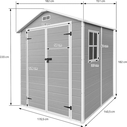  ECD Germany Abri De Jardin Avec Plancher En Résine PP 5m³ Gris Clair, Toit Double Pente, Fenêtre, Porte Double, Ventilation, Cabane De Rangement Extérieur 151x182x220 Cm, Résistant Aux Intempéries