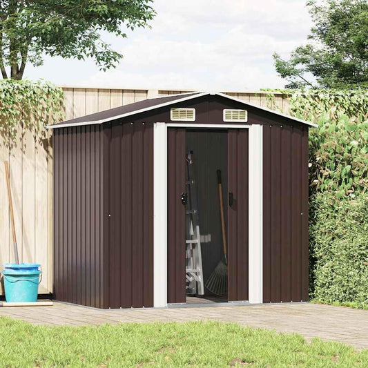  Abri De Jardin En Métal Marron 204x132x186 Cm, Cabane De Rangement Extérieur Avec Doubles Portes Coulissantes, Cadre En Acier Robuste Pour Outils De Jardin Et Matériel D'entretien.