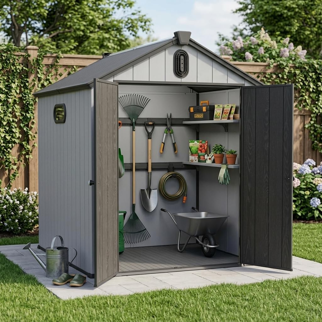  Abri De Jardin Résine 187x240 Cm – Cabanon Rangement Extérieur, Toit-Pointu, Double-paroi, Porte 180° – Pour Outils, Vélos, Tondeuse – Gris/Blanc