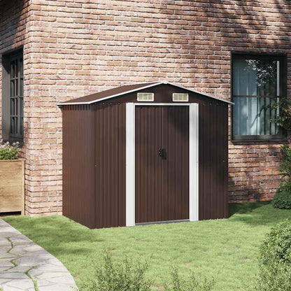  Abri De Jardin En Métal Marron 204x132x186 Cm, Cabane De Rangement Extérieur Avec Doubles Portes Coulissantes, Cadre En Acier Robuste Pour Outils De Jardin Et Matériel D'entretien.