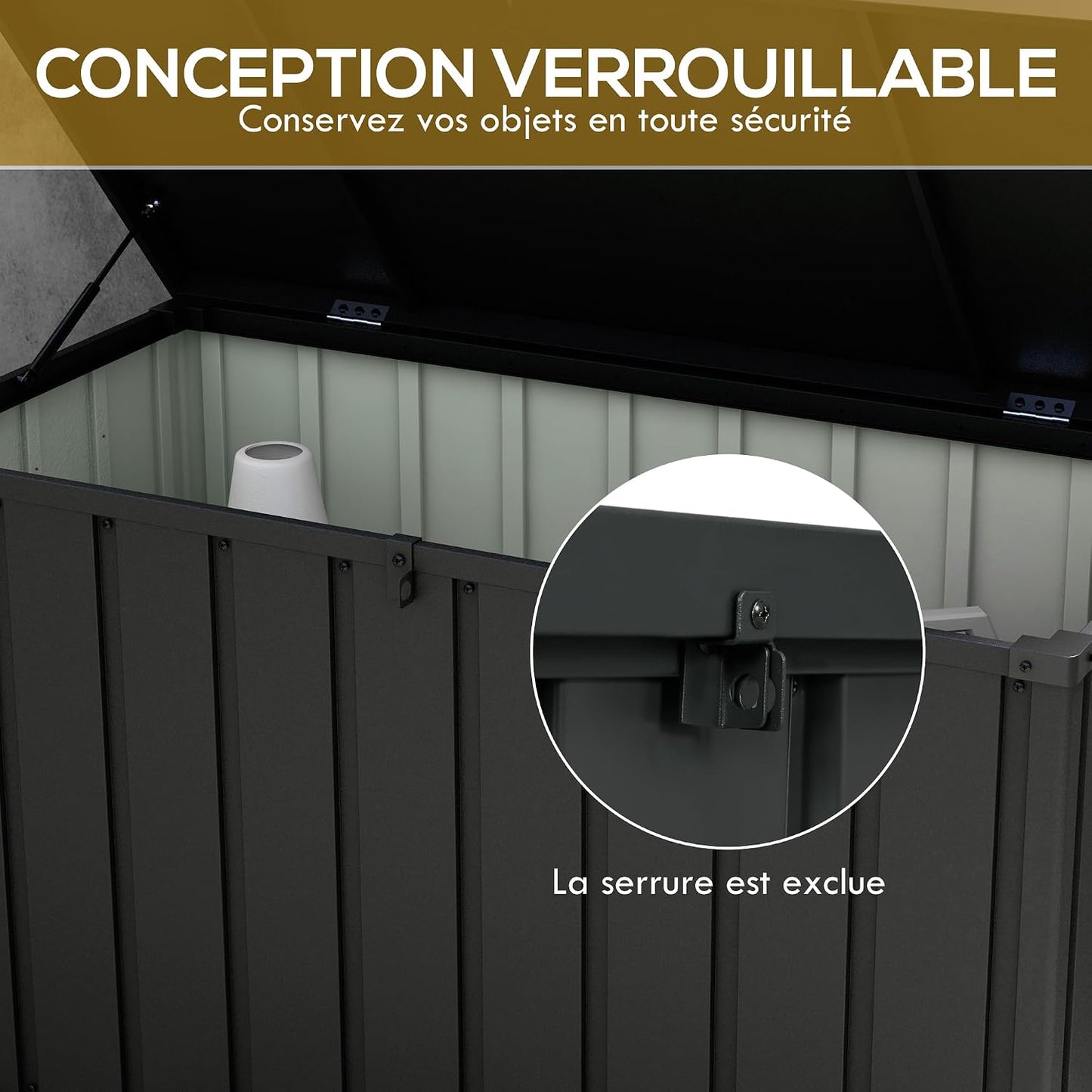  Outsunny Coffre De Rangement, Malle De Jardin, Capacité 450 L, Avec Poignée, Roulettes Et Vérin à Gaz, En Métal, 125,5 X 61,5 X 70 Cm, Gris Foncé