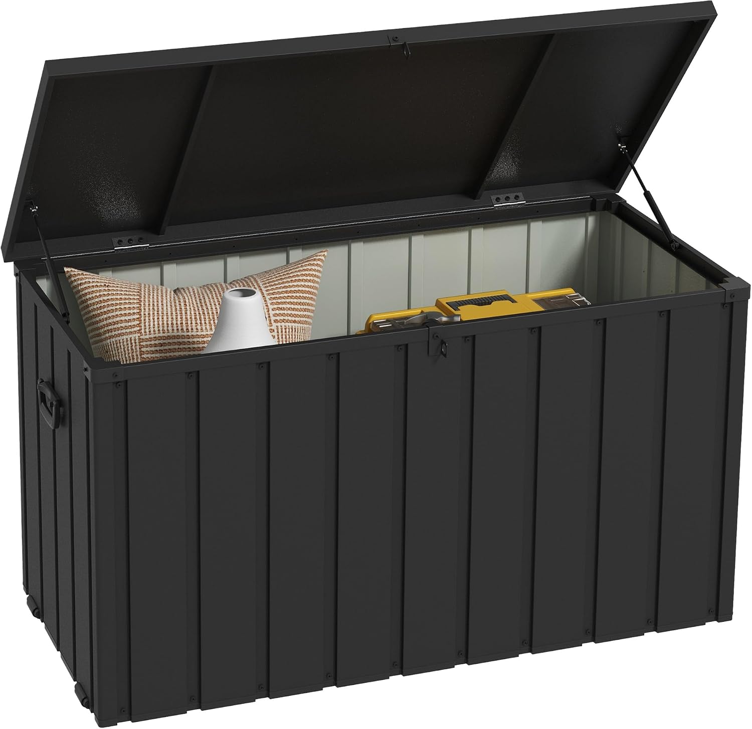  Outsunny Coffre De Rangement, Malle De Jardin, Capacité 450 L, Avec Poignée, Roulettes Et Vérin à Gaz, En Métal, 125,5 X 61,5 X 70 Cm, Gris Foncé