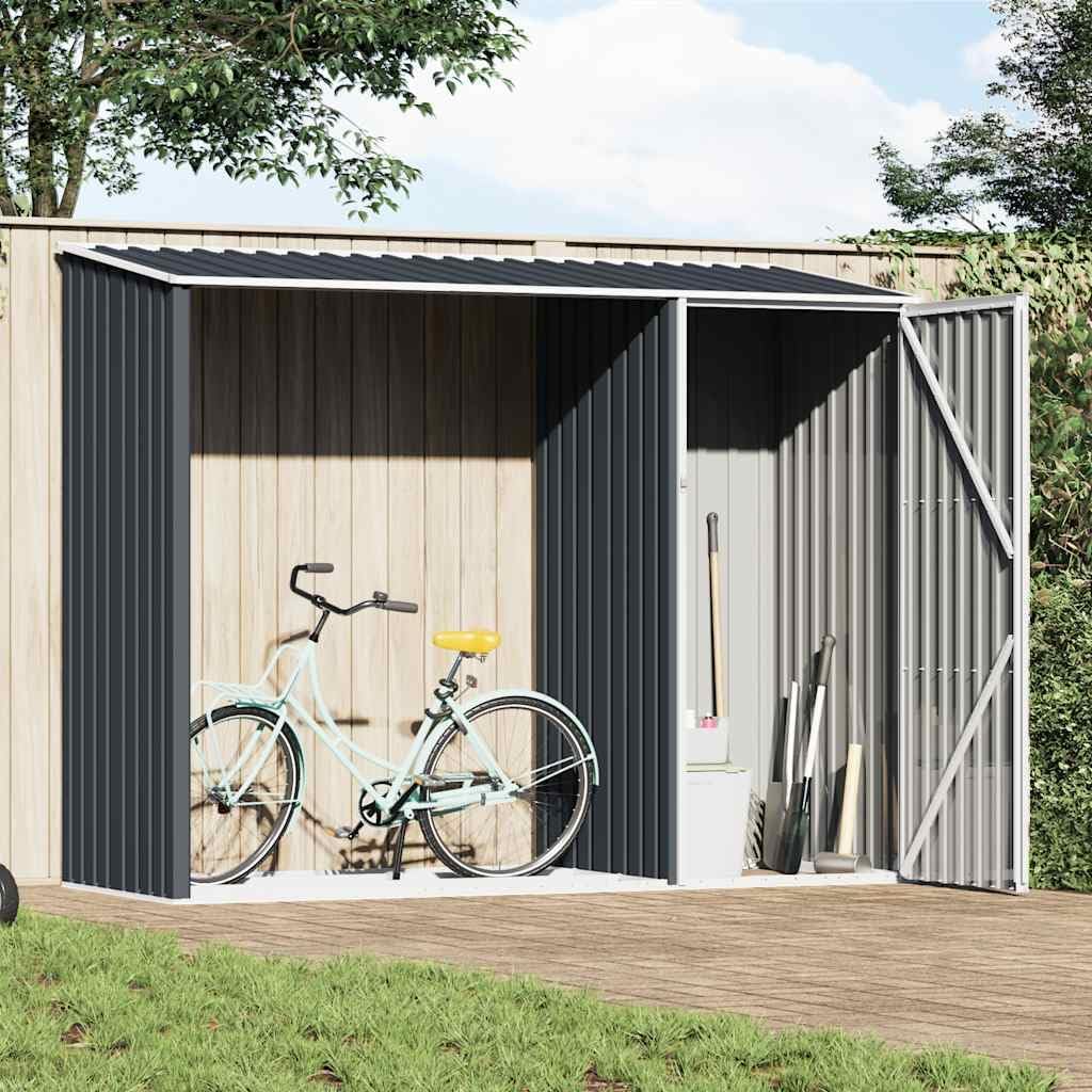  Abri De Jardin Acier Galvanisé 245x98x159 Cm Anthracite, Râtelier à Bûches 2 En 1 Pour Rangement Extérieur D'outils Et Bois De Chauffage, Toit En Pente Pour écoulement D'eau