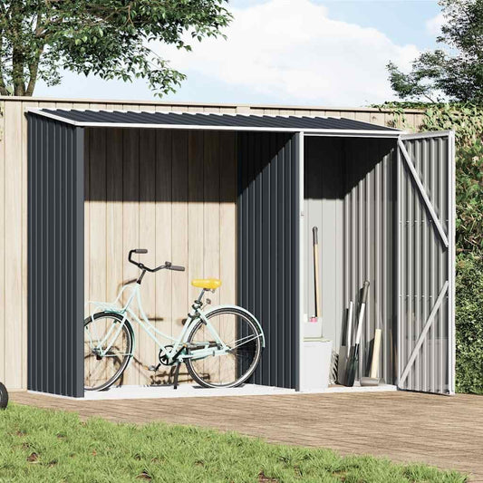  Abri De Jardin Acier Galvanisé 245x98x159 Cm Anthracite, Râtelier à Bûches 2 En 1 Pour Rangement Extérieur D'outils Et Bois De Chauffage, Toit En Pente Pour écoulement D'eau