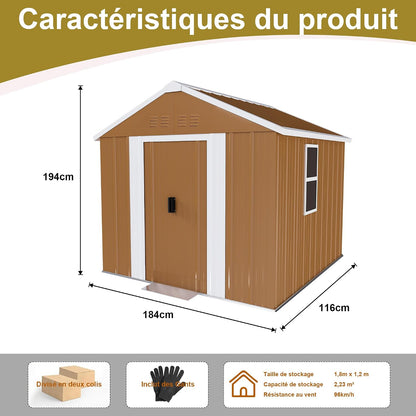  Abri De Jardin Métallique 184x116 Cm - Cabanon Extérieur Avec Fenêtre, Aération Et Porte Verrouillable, Rangement Vélos Et Outils, Sans Fondation (Brun)