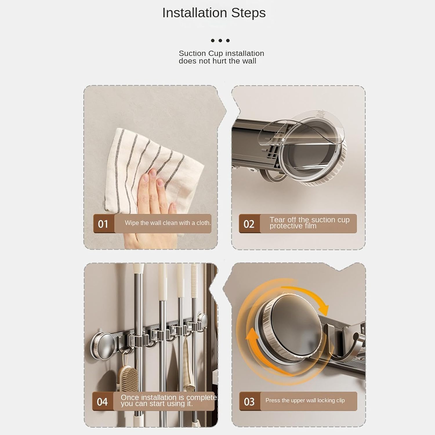  Porte-Balai - Rack Mural Utilitaire Ventouse Robuste Et Antirouille - Organisateur Mural Pour Balais Et Rangement - Pour Utilisation Intérieure Maison Dortoir Appartement Chambre Salon Et Salle De