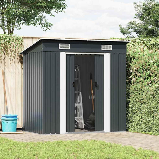  Abri De Jardin En Acier Galvanisé Anthracite Avec Ventilation, Doubles Portes Coulissantes Et Pièces Prédécoupées Pour Rangement Outils Et Matériel Extérieur