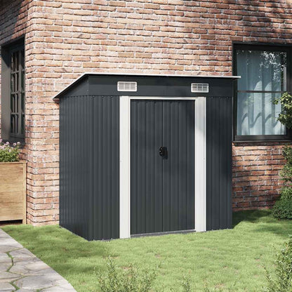  Abri De Jardin En Acier Galvanisé Anthracite Avec Ventilation, Doubles Portes Coulissantes Et Pièces Prédécoupées Pour Rangement Outils Et Matériel Extérieur
