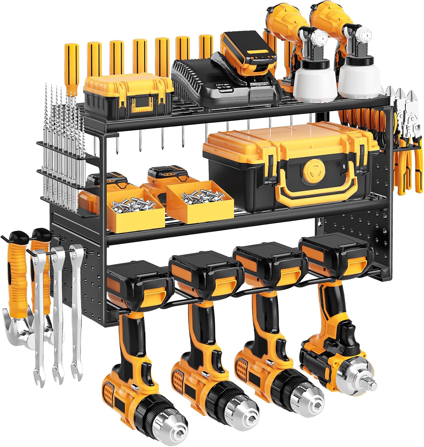  Support Mural Pour Outils électriques, Capacité De Charge De 68 Kg Avec 4 Supports De Perceuse, étagère Utilitaire à 3 Couches Pour Rangement De Garage Et D'atelier (noir)