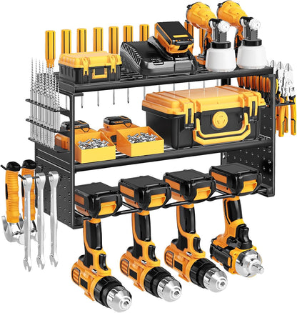  Support Mural Pour Outils électriques, Capacité De Charge De 68 Kg Avec 4 Supports De Perceuse, étagère Utilitaire à 3 Couches Pour Rangement De Garage Et D'atelier (noir)