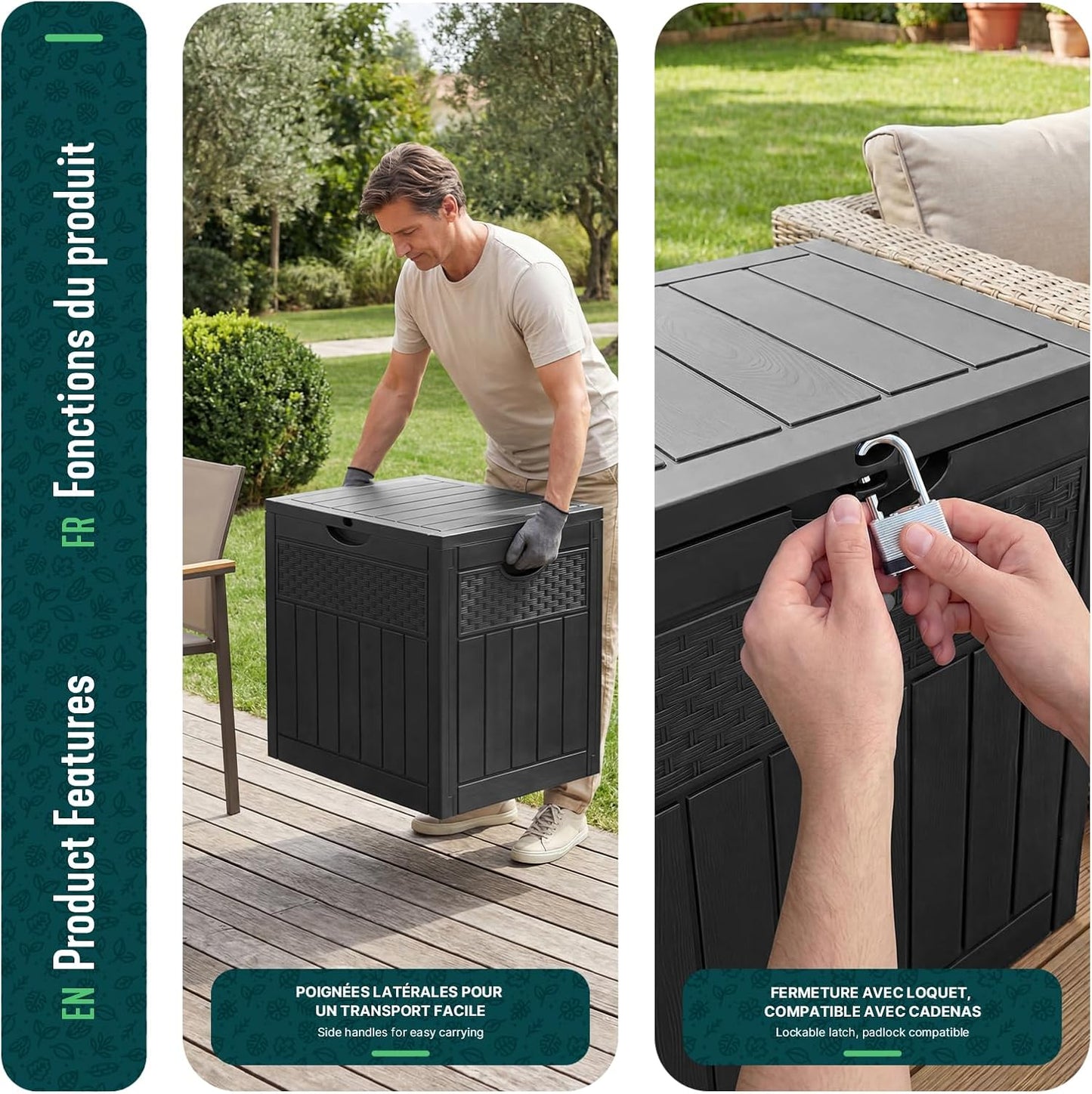  Vounot® Coffre De Rangement Extérieur 126L Boîte De Jardin Étanche Anti UV Couvercle Verrouillable Avec Poignées Encastrées 56 X 43 X 53 Cm Pour Jardin Terrasse Balcon Piscine Effet Polyrotin Noir