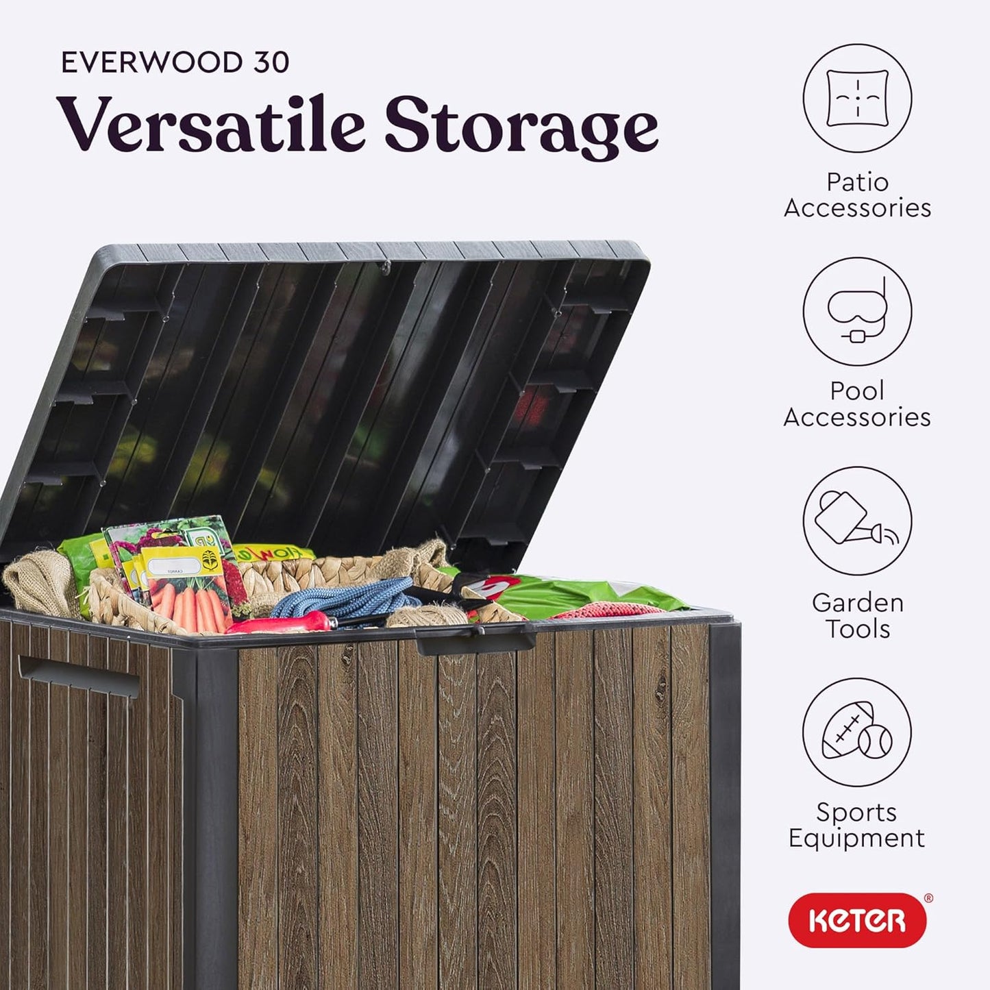  Keter Signature Everwood – Boîte De Rangement D'extérieur En Résine Et Table D'appoint Pour Meubles De Terrasse Pour Accessoires De Piscine Et De Jardin, Noyer