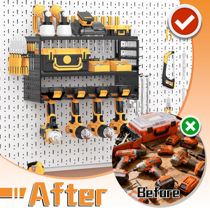 Support Mural Pour Outils électriques, Capacité De Charge De 68 Kg Avec 4 Supports De Perceuse, étagère Utilitaire à 3 Couches Pour Rangement De Garage Et D'atelier (noir)