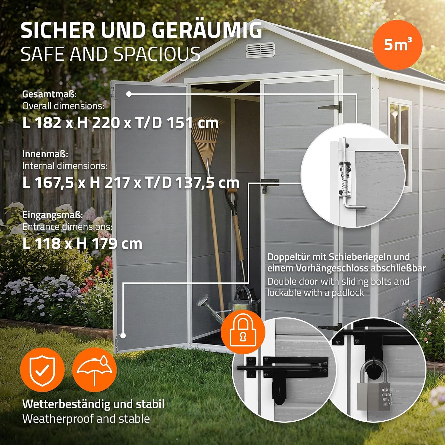  ECD Germany Abri De Jardin Avec Plancher En Résine PP 5m³ Gris Clair, Toit Double Pente, Fenêtre, Porte Double, Ventilation, Cabane De Rangement Extérieur 151x182x220 Cm, Résistant Aux Intempéries