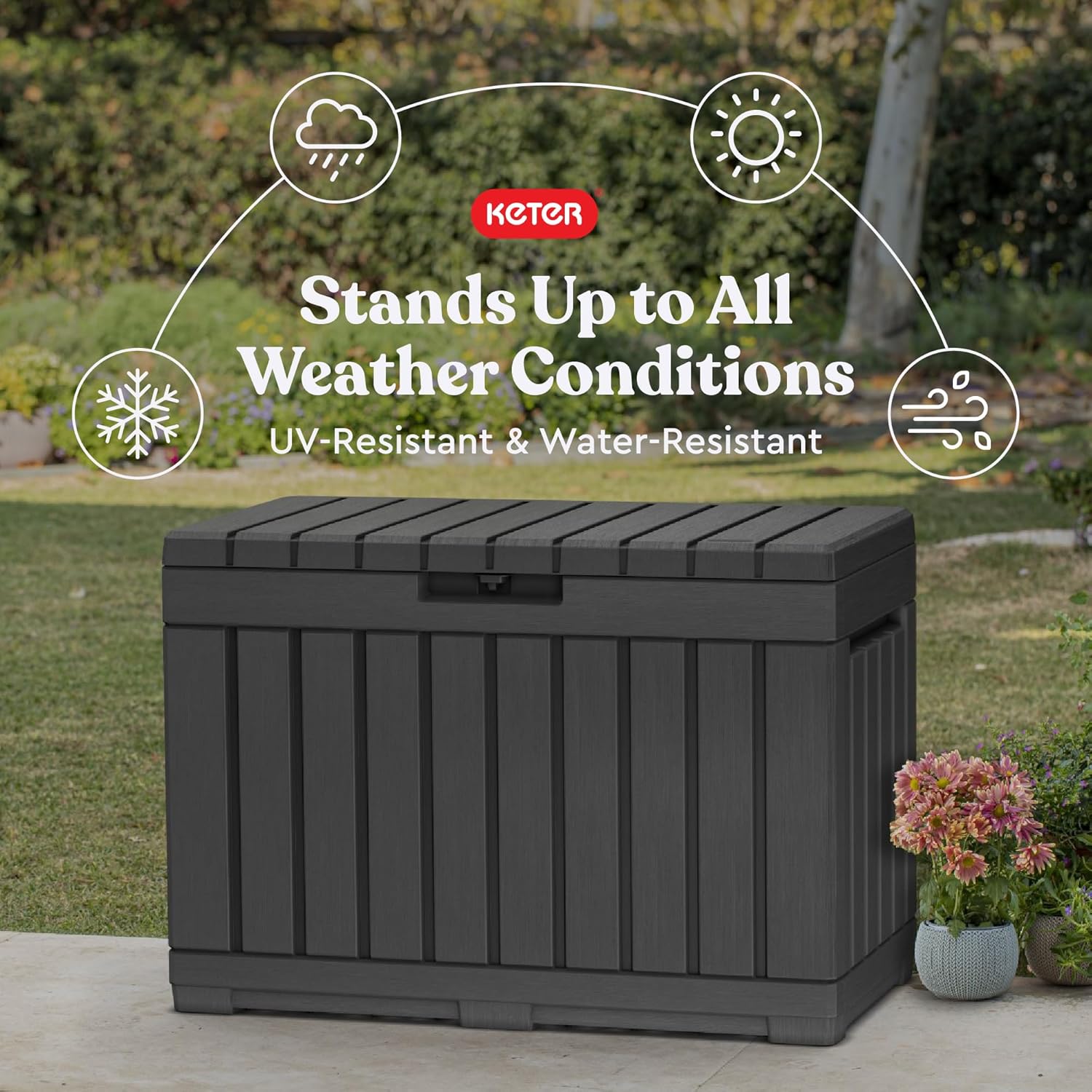  Keter Kentwood Boîte De Terrasse En Résine De 157 Litres - Organisation Et Rangement Pour Coussins De Terrasse, Coussins Décoratifs Et Outils De Jardin, Gris Foncé