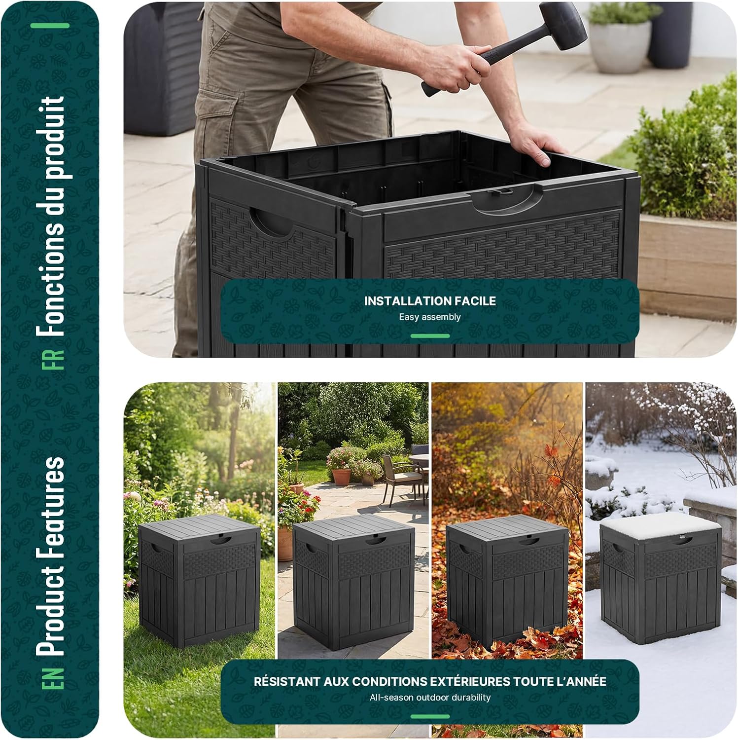  Vounot® Coffre De Rangement Extérieur 126L Boîte De Jardin Étanche Anti UV Couvercle Verrouillable Avec Poignées Encastrées 56 X 43 X 53 Cm Pour Jardin Terrasse Balcon Piscine Effet Polyrotin Noir