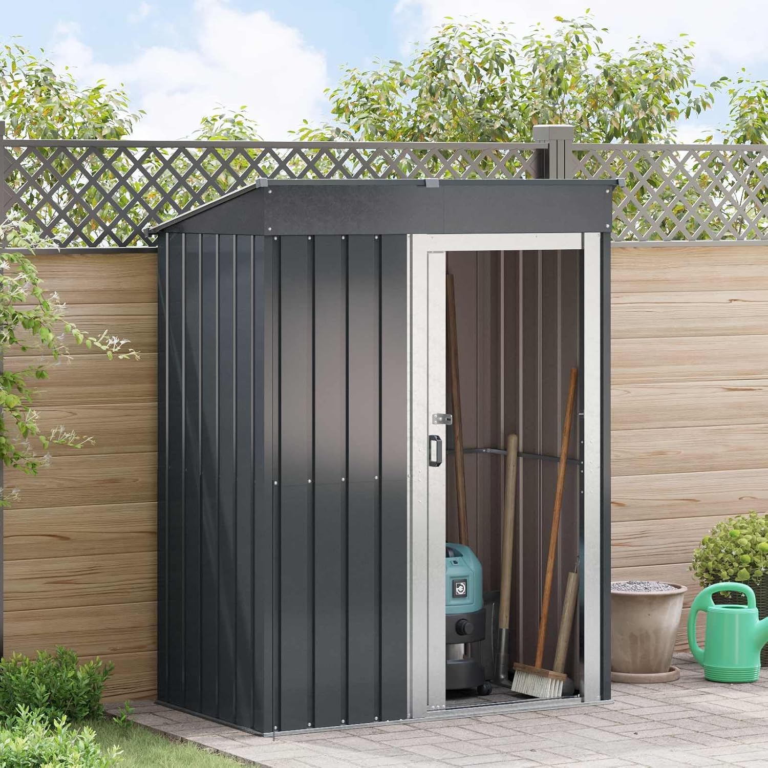  Cabanon De Jardin Métallique Anthracite 137x81x180 Cm, Abri De Jardin Rectangulaire Pour Extérieur, Remise Pratique Avec Rangement Pour Outils Et Pots, Design Moderne Et Durable