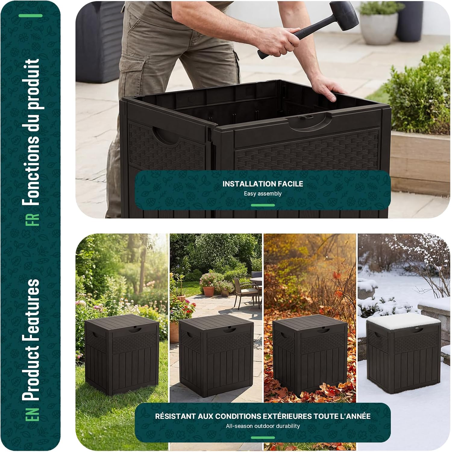 Vounot® Coffre De Rangement Extérieur 126L Boîte De Jardin Étanche Anti UV Couvercle Verrouillable Avec Poignées Encastrées 56 X 43 X 53 Cm Pour Jardin Terrasse Balcon Piscine Effet Polyrotin Marron